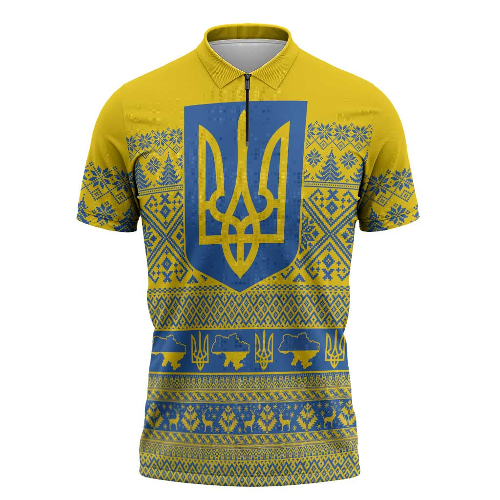 Ukraine Trident Christmas Zipper Polo Shirt Vyshyvanka Patterns - Wonder Print Shop