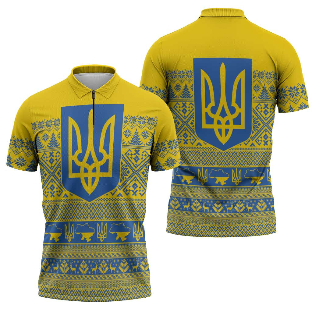 Ukraine Trident Christmas Zipper Polo Shirt Vyshyvanka Patterns - Wonder Print Shop