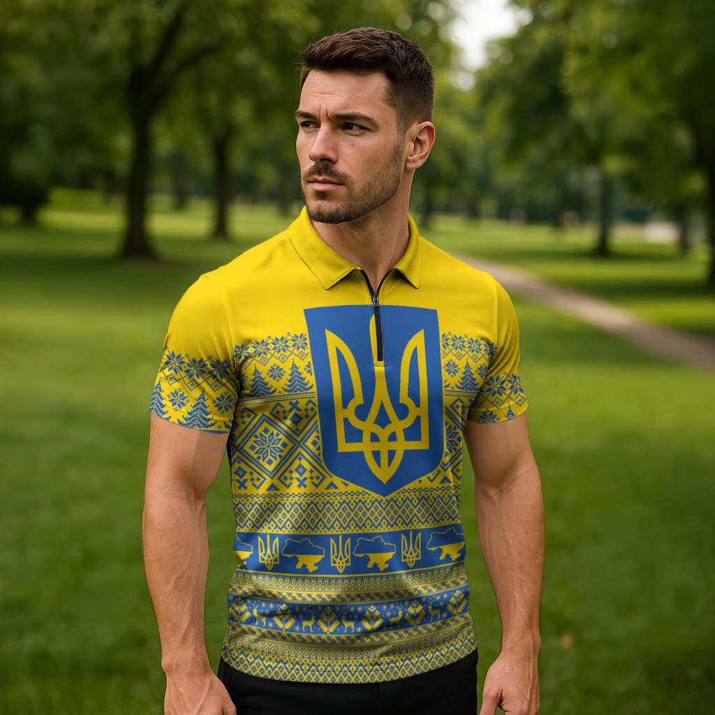 Ukraine Trident Christmas Zipper Polo Shirt Vyshyvanka Patterns - Wonder Print Shop