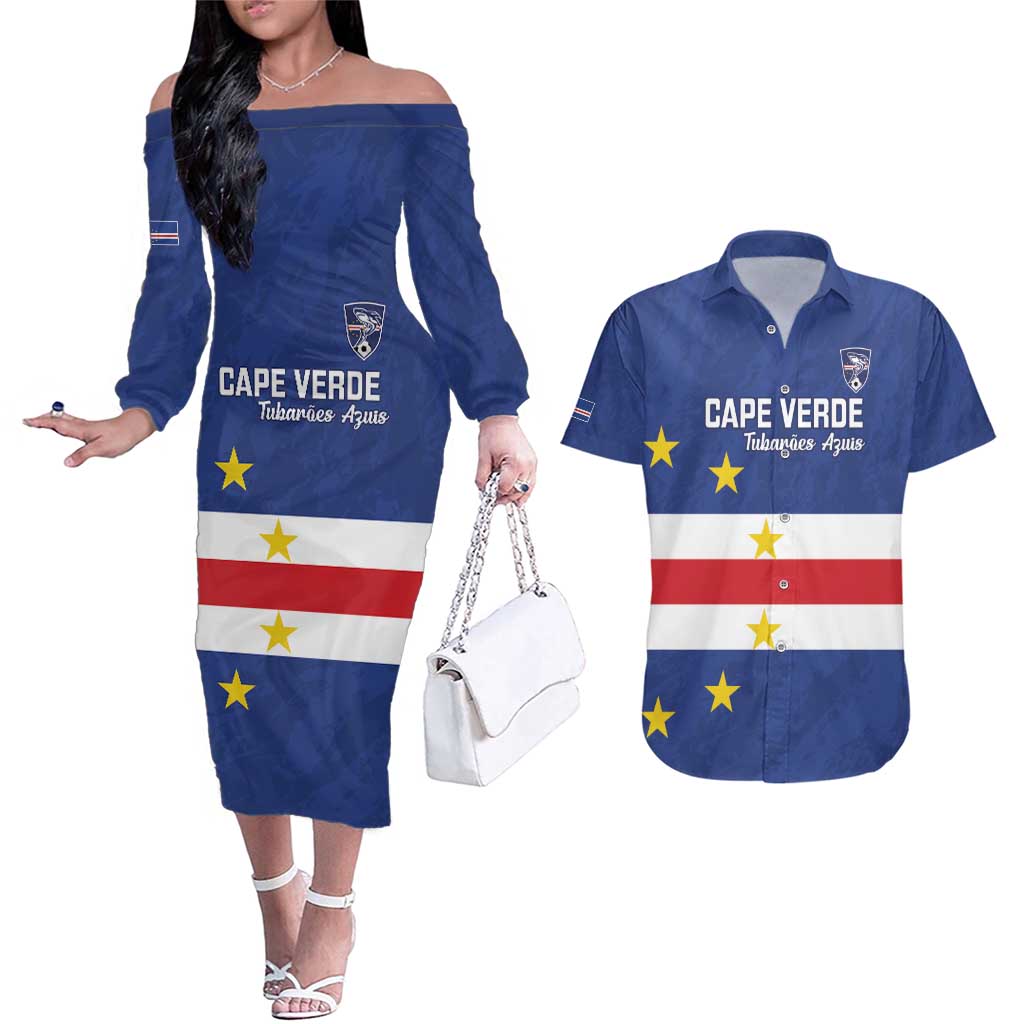 Cape Verde Football Custom Couples Matching Off The Shoulder Long Sleeve Dress and Hawaiian Shirt Go Champion Sporty Style - Wonder Print Shop