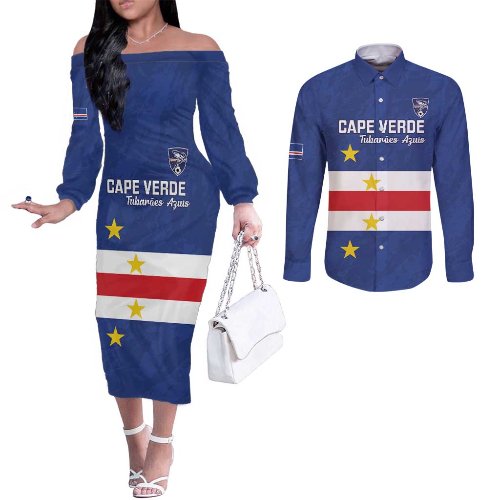 Cape Verde Football Custom Couples Matching Off The Shoulder Long Sleeve Dress and Long Sleeve Button Shirt Go Champion Sporty Style - Wonder Print Shop