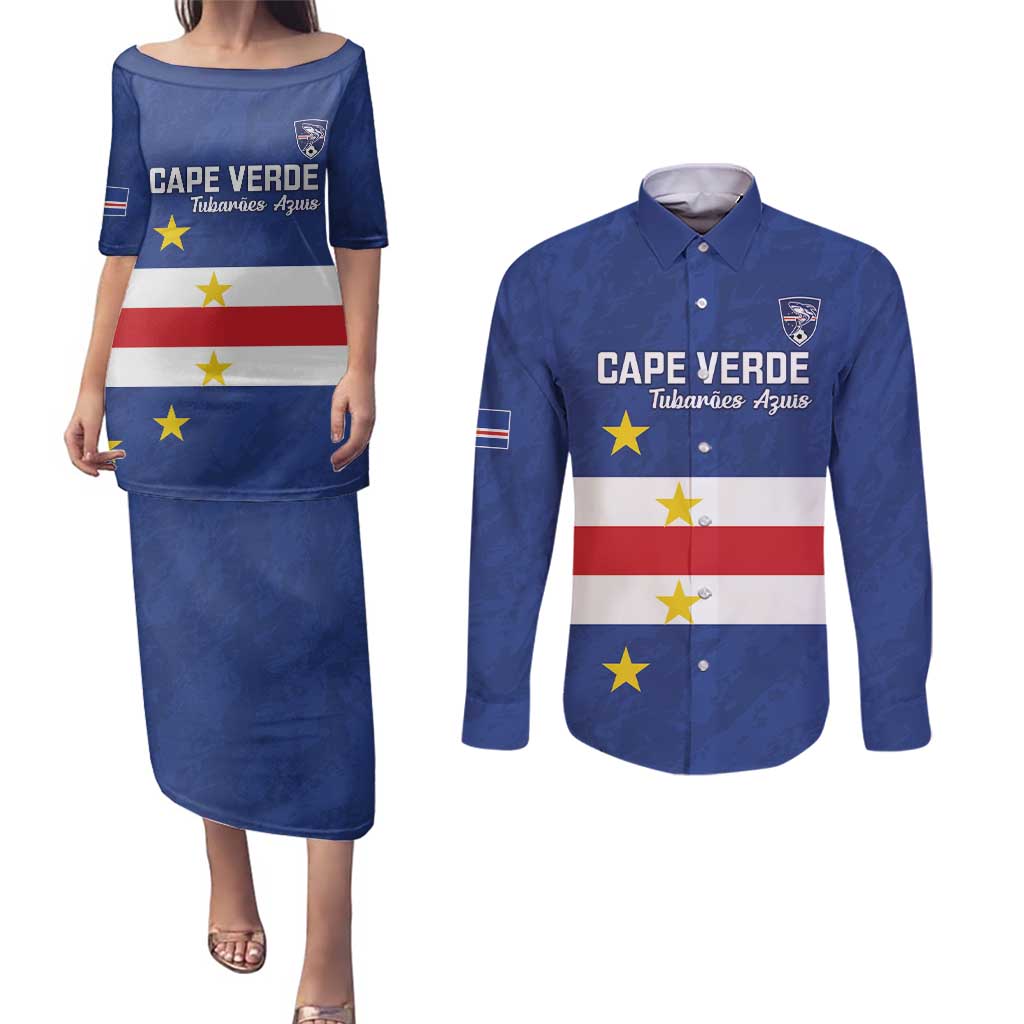 Cape Verde Football Custom Couples Matching Puletasi and Long Sleeve Button Shirt Go Champion Sporty Style - Wonder Print Shop