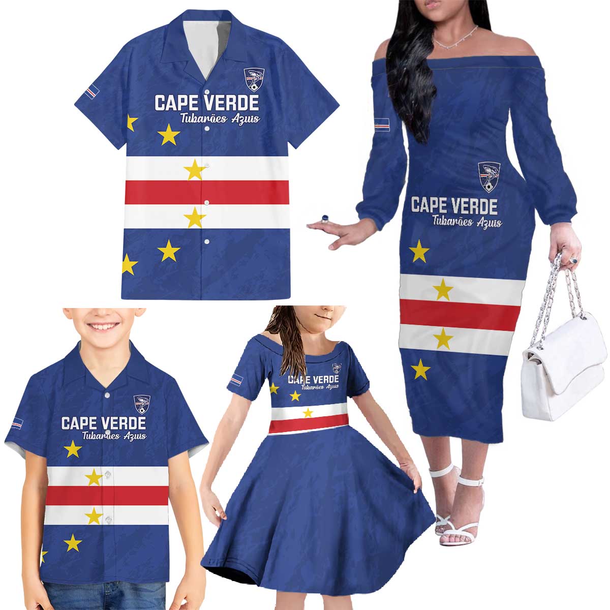 Cape Verde Football Custom Family Matching Off The Shoulder Long Sleeve Dress and Hawaiian Shirt Go Champion Sporty Style - Wonder Print Shop