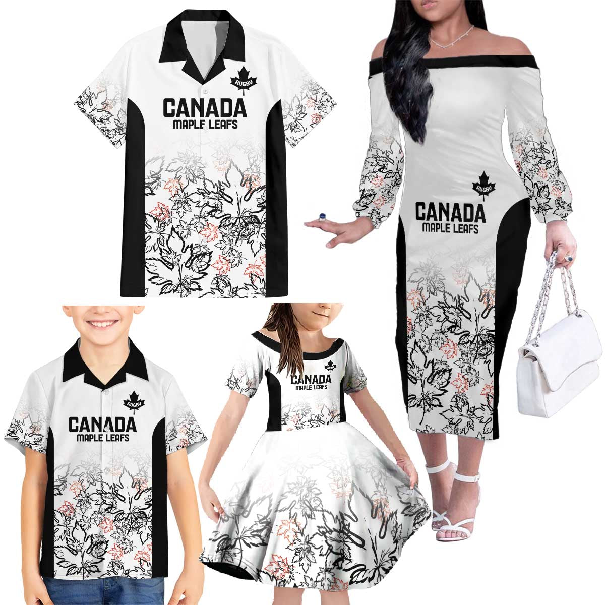 Canada Rugby Custom Family Matching Off The Shoulder Long Sleeve Dress and Hawaiian Shirt Maple Leafs Go Champion - Wonder Print Shop