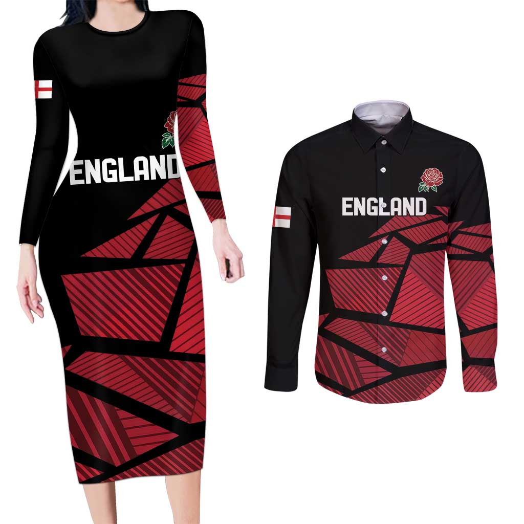 England Rugby Custom Couples Matching Long Sleeve Bodycon Dress and Long Sleeve Button Shirt Red Roses Go Champion - Wonder Print Shop