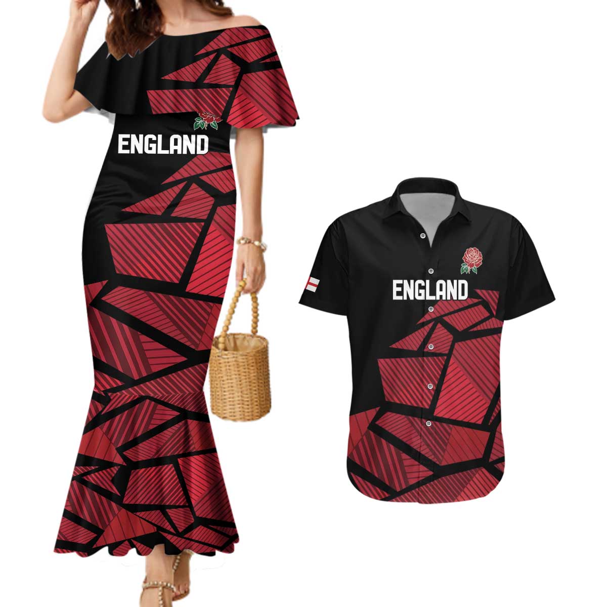 England Rugby Custom Couples Matching Mermaid Dress and Hawaiian Shirt Red Roses Go Champion - Wonder Print Shop
