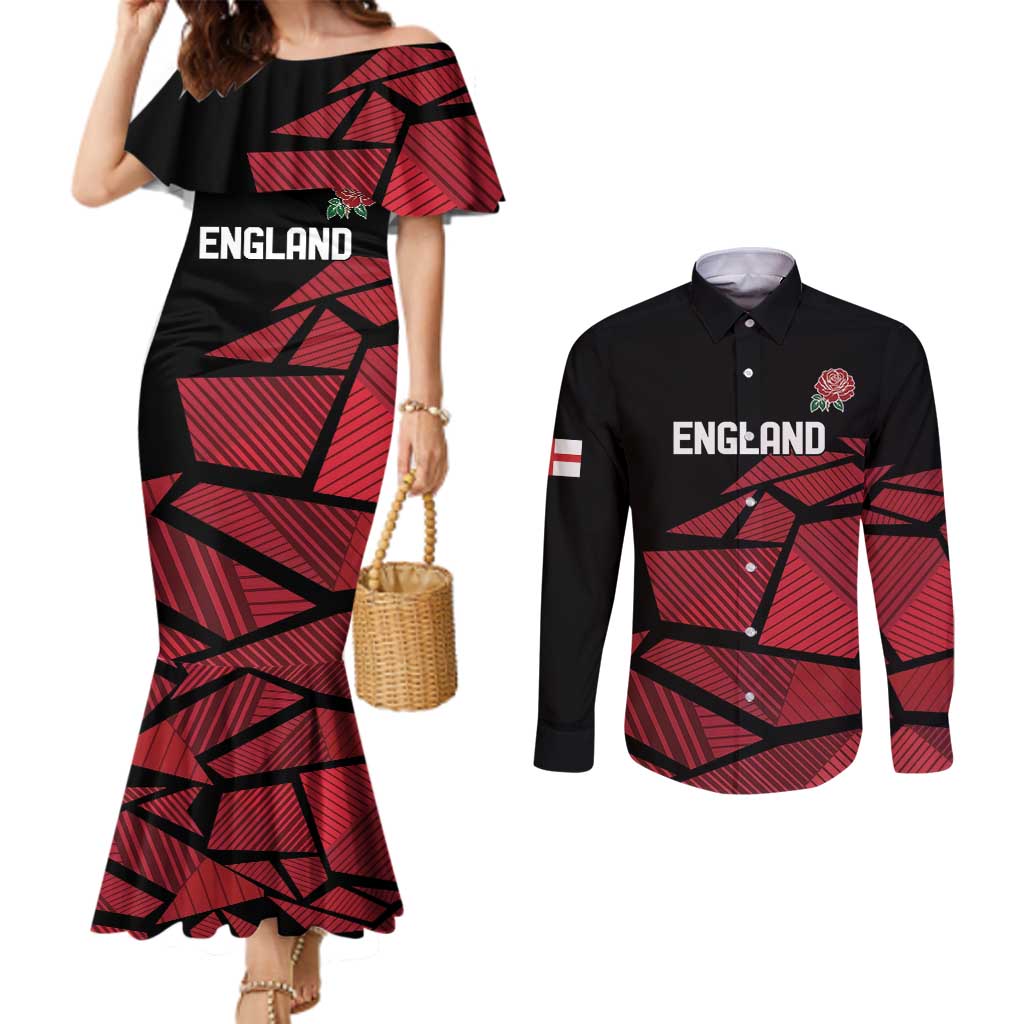 England Rugby Custom Couples Matching Mermaid Dress and Long Sleeve Button Shirt Red Roses Go Champion - Wonder Print Shop