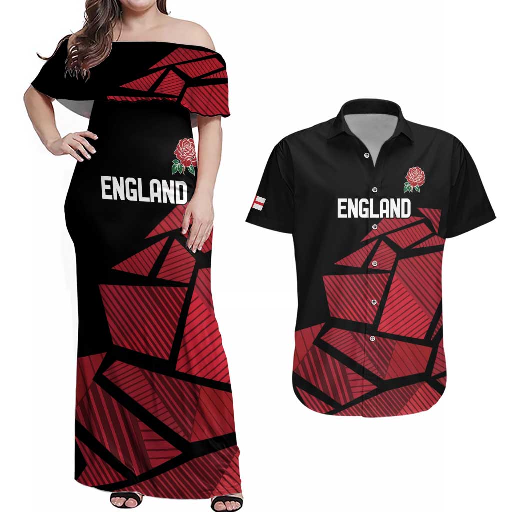 England Rugby Custom Couples Matching Off Shoulder Maxi Dress and Hawaiian Shirt Red Roses Go Champion - Wonder Print Shop