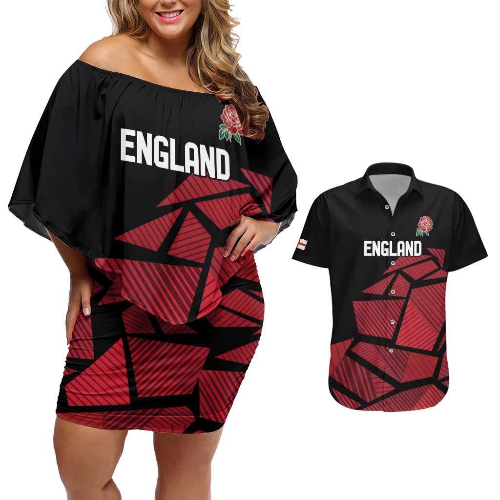 England Rugby Custom Couples Matching Off Shoulder Short Dress and Hawaiian Shirt Red Roses Go Champion - Wonder Print Shop