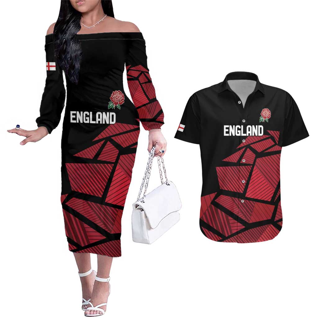 England Rugby Custom Couples Matching Off The Shoulder Long Sleeve Dress and Hawaiian Shirt Red Roses Go Champion - Wonder Print Shop