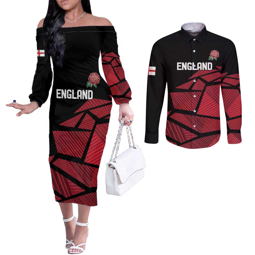England Rugby Custom Couples Matching Off The Shoulder Long Sleeve Dress and Long Sleeve Button Shirt Red Roses Go Champion - Wonder Print Shop