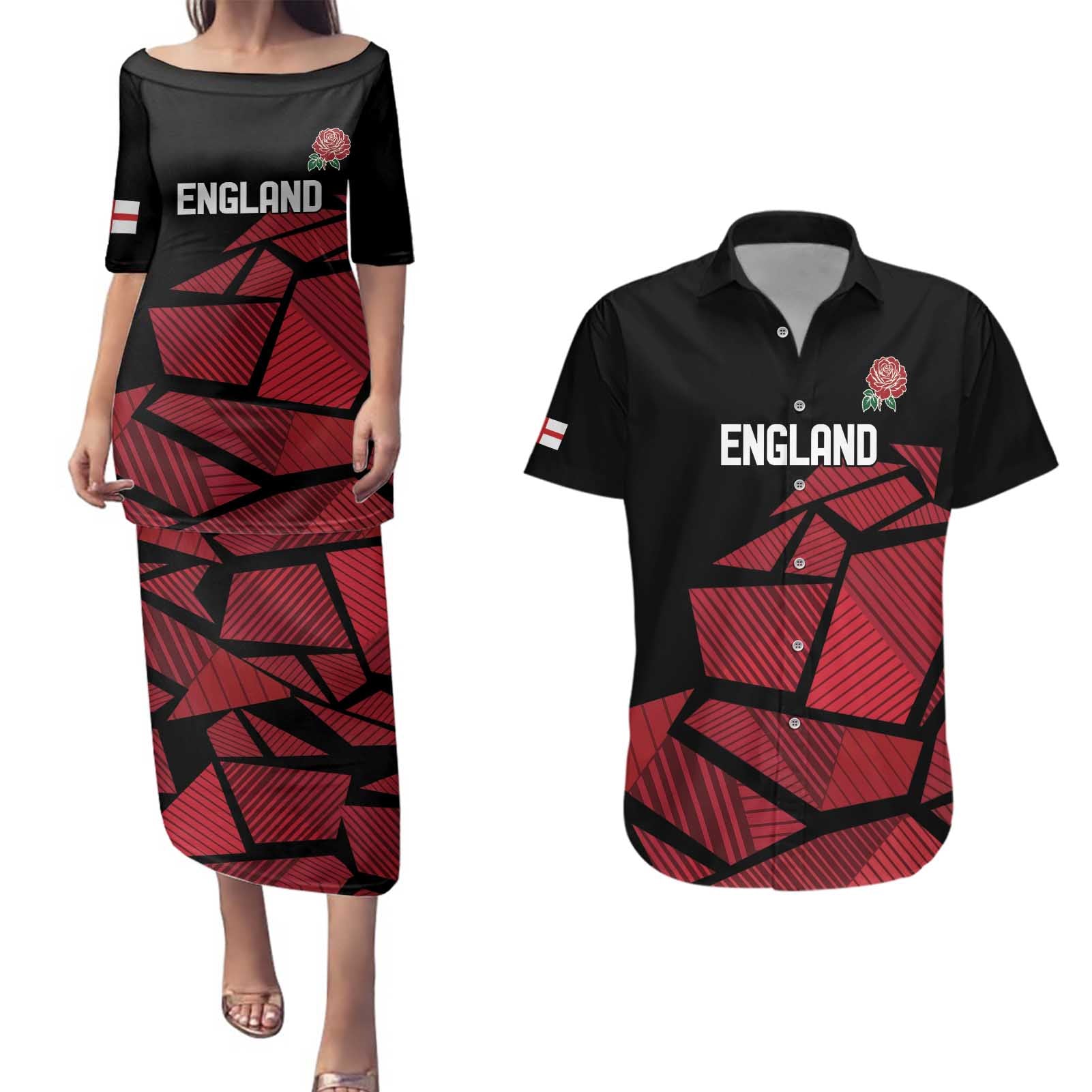 England Rugby Custom Couples Matching Puletasi and Hawaiian Shirt Red Roses Go Champion - Wonder Print Shop