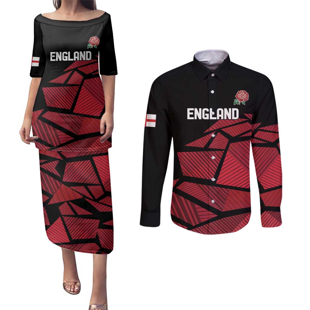 England Rugby Custom Couples Matching Puletasi and Long Sleeve Button Shirt Red Roses Go Champion - Wonder Print Shop