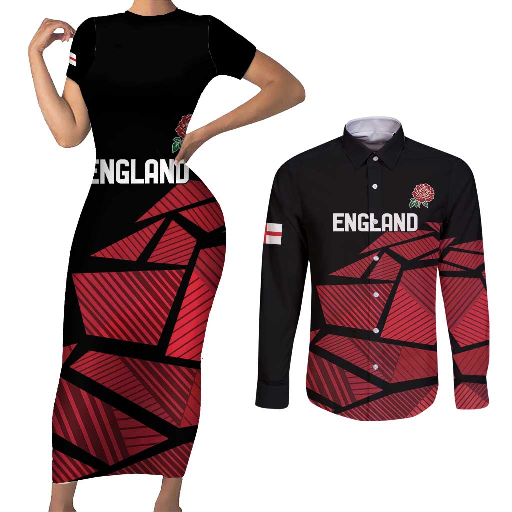 England Rugby Custom Couples Matching Short Sleeve Bodycon Dress and Long Sleeve Button Shirt Red Roses Go Champion - Wonder Print Shop