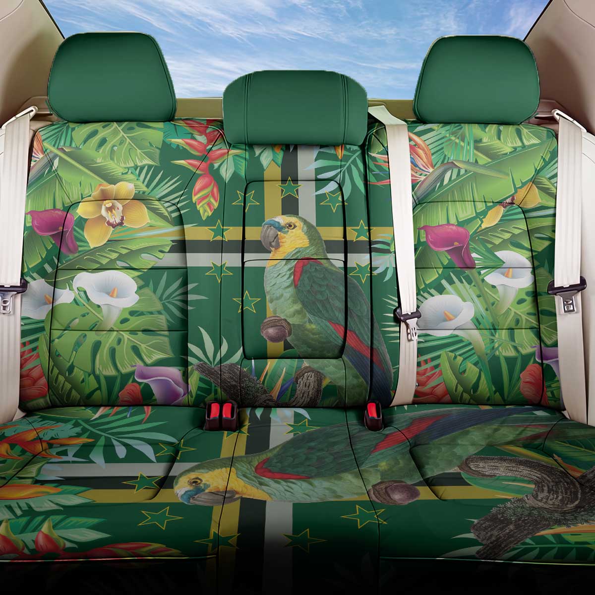 Dominica Sisserou Parrot Back Car Seat Cover Tropical Flower Flag Style - Wonder Print Shop
