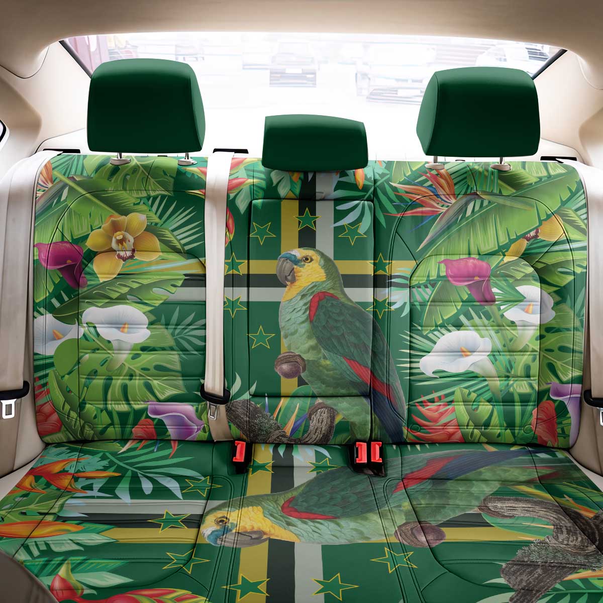 Dominica Sisserou Parrot Back Car Seat Cover Tropical Flower Flag Style - Wonder Print Shop
