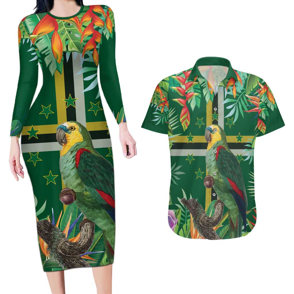 Dominica Sisserou Parrot Couples Matching Long Sleeve Bodycon Dress and Hawaiian Shirt Tropical Flower Flag Style - Wonder Print Shop