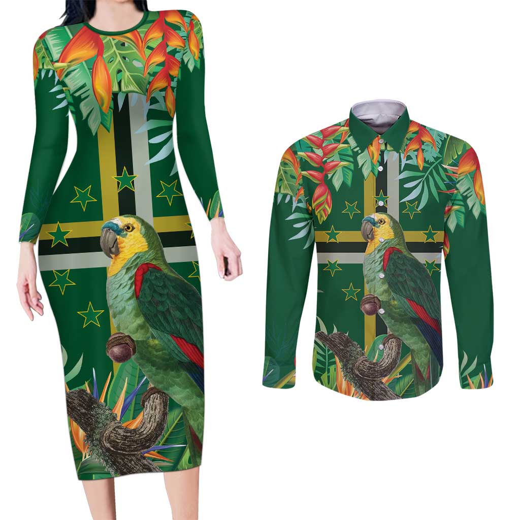 Dominica Sisserou Parrot Couples Matching Long Sleeve Bodycon Dress and Long Sleeve Button Shirt Tropical Flower Flag Style - Wonder Print Shop
