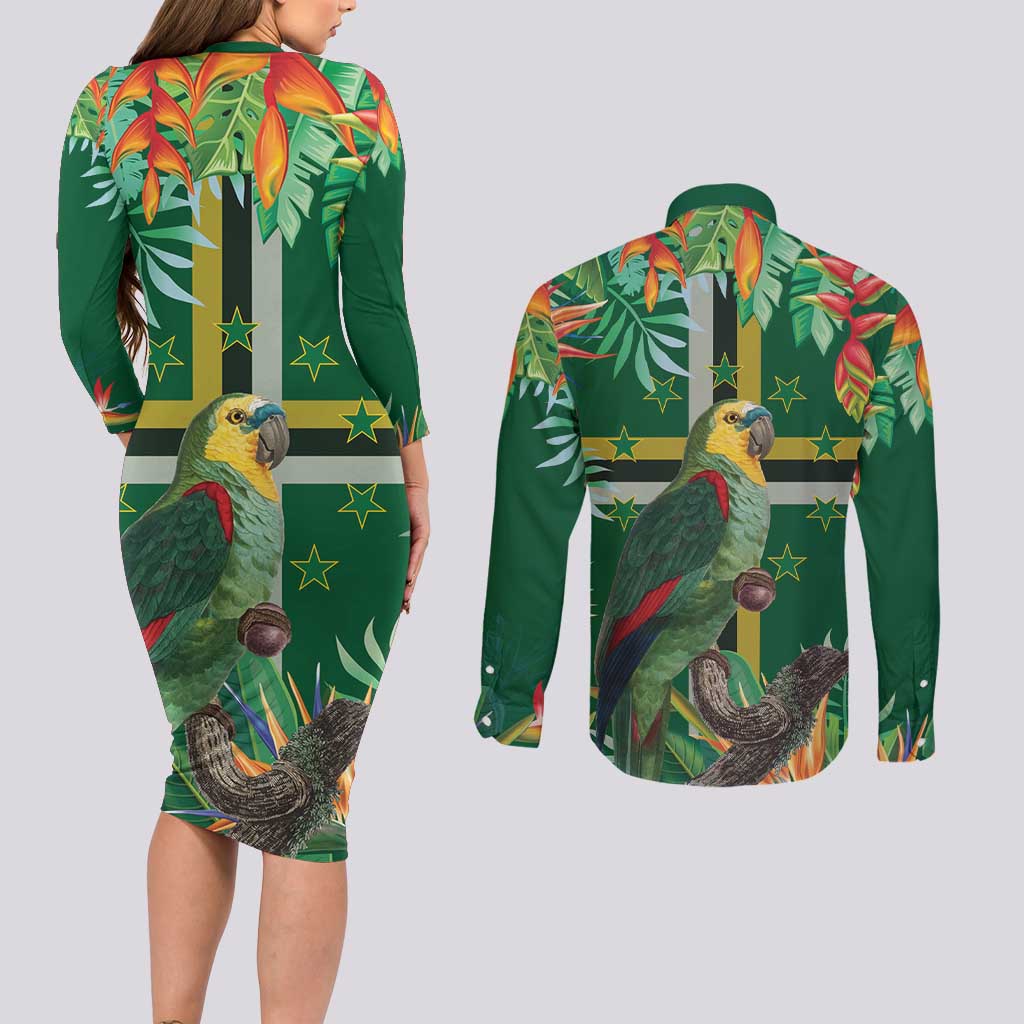 Dominica Sisserou Parrot Couples Matching Long Sleeve Bodycon Dress and Long Sleeve Button Shirt Tropical Flower Flag Style - Wonder Print Shop