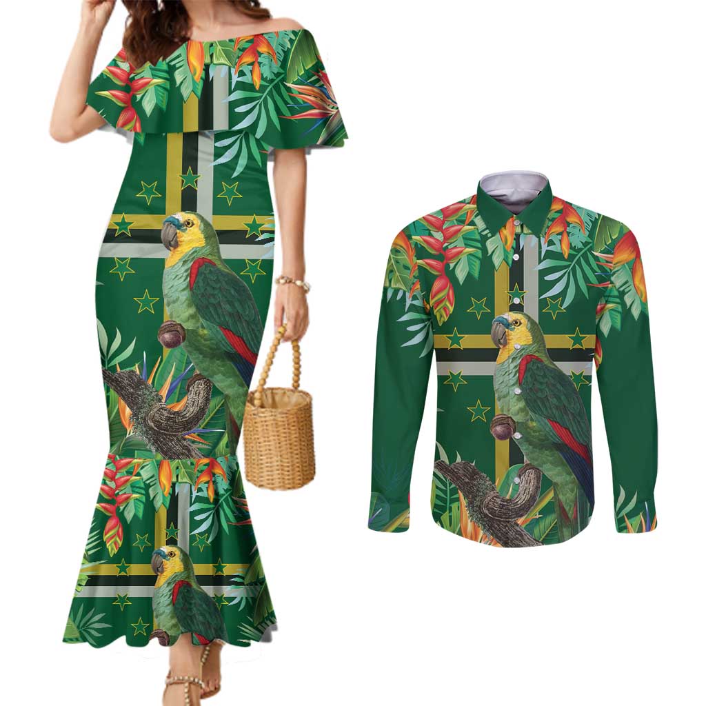 Dominica Sisserou Parrot Couples Matching Mermaid Dress and Long Sleeve Button Shirt Tropical Flower Flag Style - Wonder Print Shop