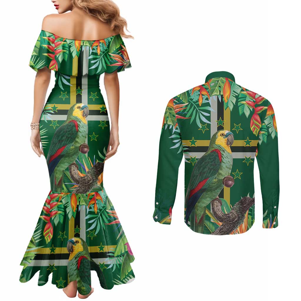 Dominica Sisserou Parrot Couples Matching Mermaid Dress and Long Sleeve Button Shirt Tropical Flower Flag Style - Wonder Print Shop