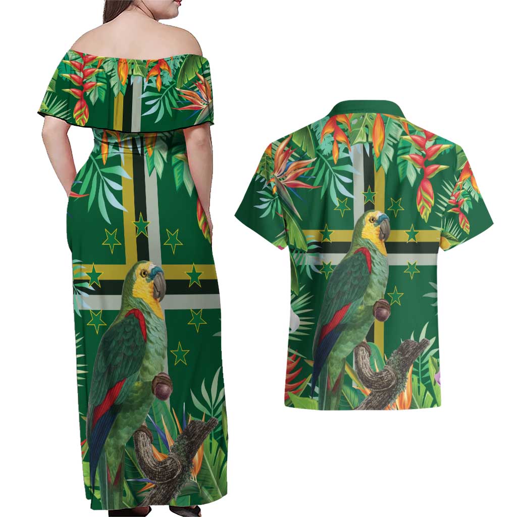 Dominica Sisserou Parrot Couples Matching Off Shoulder Maxi Dress and Hawaiian Shirt Tropical Flower Flag Style - Wonder Print Shop
