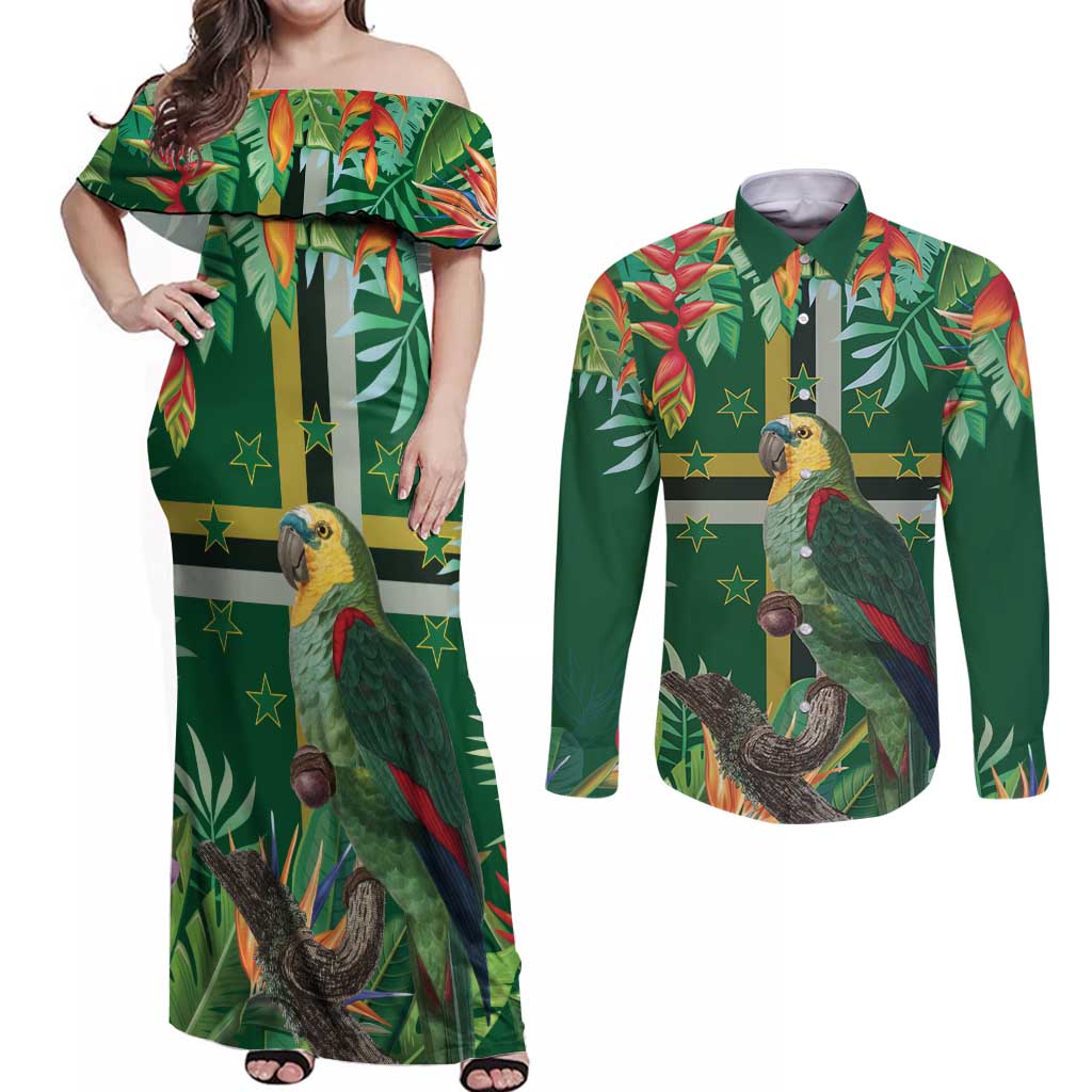 Dominica Sisserou Parrot Couples Matching Off Shoulder Maxi Dress and Long Sleeve Button Shirt Tropical Flower Flag Style - Wonder Print Shop
