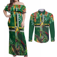 Dominica Sisserou Parrot Couples Matching Off Shoulder Maxi Dress and Long Sleeve Button Shirt Tropical Flower Flag Style - Wonder Print Shop