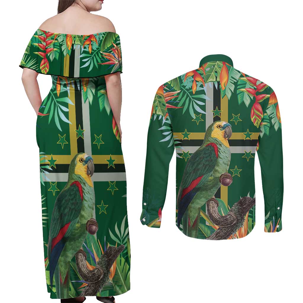 Dominica Sisserou Parrot Couples Matching Off Shoulder Maxi Dress and Long Sleeve Button Shirt Tropical Flower Flag Style - Wonder Print Shop