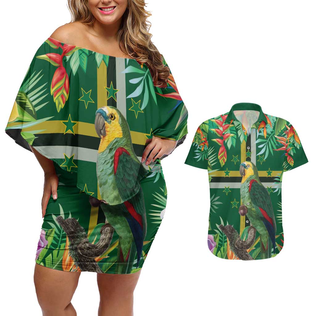 Dominica Sisserou Parrot Couples Matching Off Shoulder Short Dress and Hawaiian Shirt Tropical Flower Flag Style - Wonder Print Shop