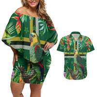 Dominica Sisserou Parrot Couples Matching Off Shoulder Short Dress and Hawaiian Shirt Tropical Flower Flag Style - Wonder Print Shop