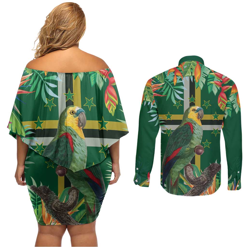 Dominica Sisserou Parrot Couples Matching Off Shoulder Short Dress and Long Sleeve Button Shirt Tropical Flower Flag Style - Wonder Print Shop