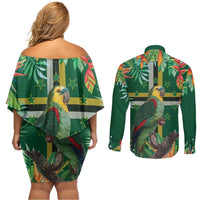 Dominica Sisserou Parrot Couples Matching Off Shoulder Short Dress and Long Sleeve Button Shirt Tropical Flower Flag Style - Wonder Print Shop