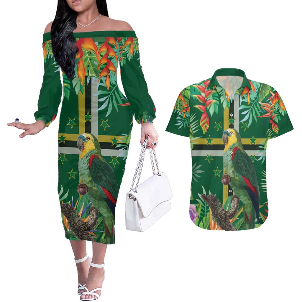 Dominica Sisserou Parrot Couples Matching Off The Shoulder Long Sleeve Dress and Hawaiian Shirt Tropical Flower Flag Style - Wonder Print Shop