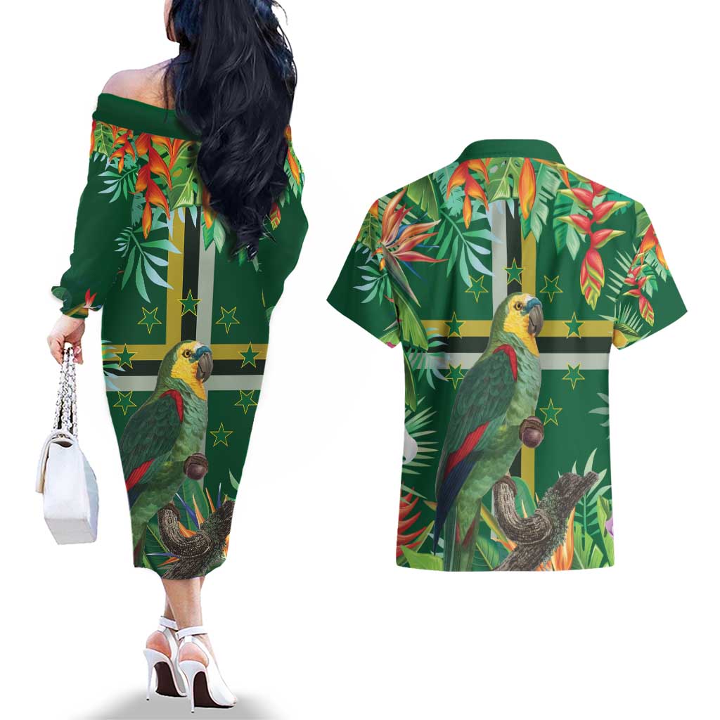 Dominica Sisserou Parrot Couples Matching Off The Shoulder Long Sleeve Dress and Hawaiian Shirt Tropical Flower Flag Style - Wonder Print Shop