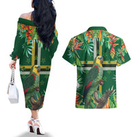 Dominica Sisserou Parrot Couples Matching Off The Shoulder Long Sleeve Dress and Hawaiian Shirt Tropical Flower Flag Style - Wonder Print Shop