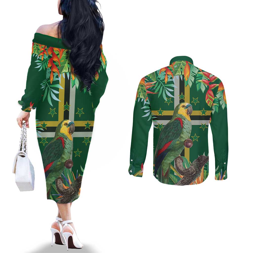 Dominica Sisserou Parrot Couples Matching Off The Shoulder Long Sleeve Dress and Long Sleeve Button Shirt Tropical Flower Flag Style - Wonder Print Shop