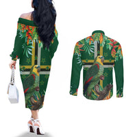 Dominica Sisserou Parrot Couples Matching Off The Shoulder Long Sleeve Dress and Long Sleeve Button Shirt Tropical Flower Flag Style - Wonder Print Shop
