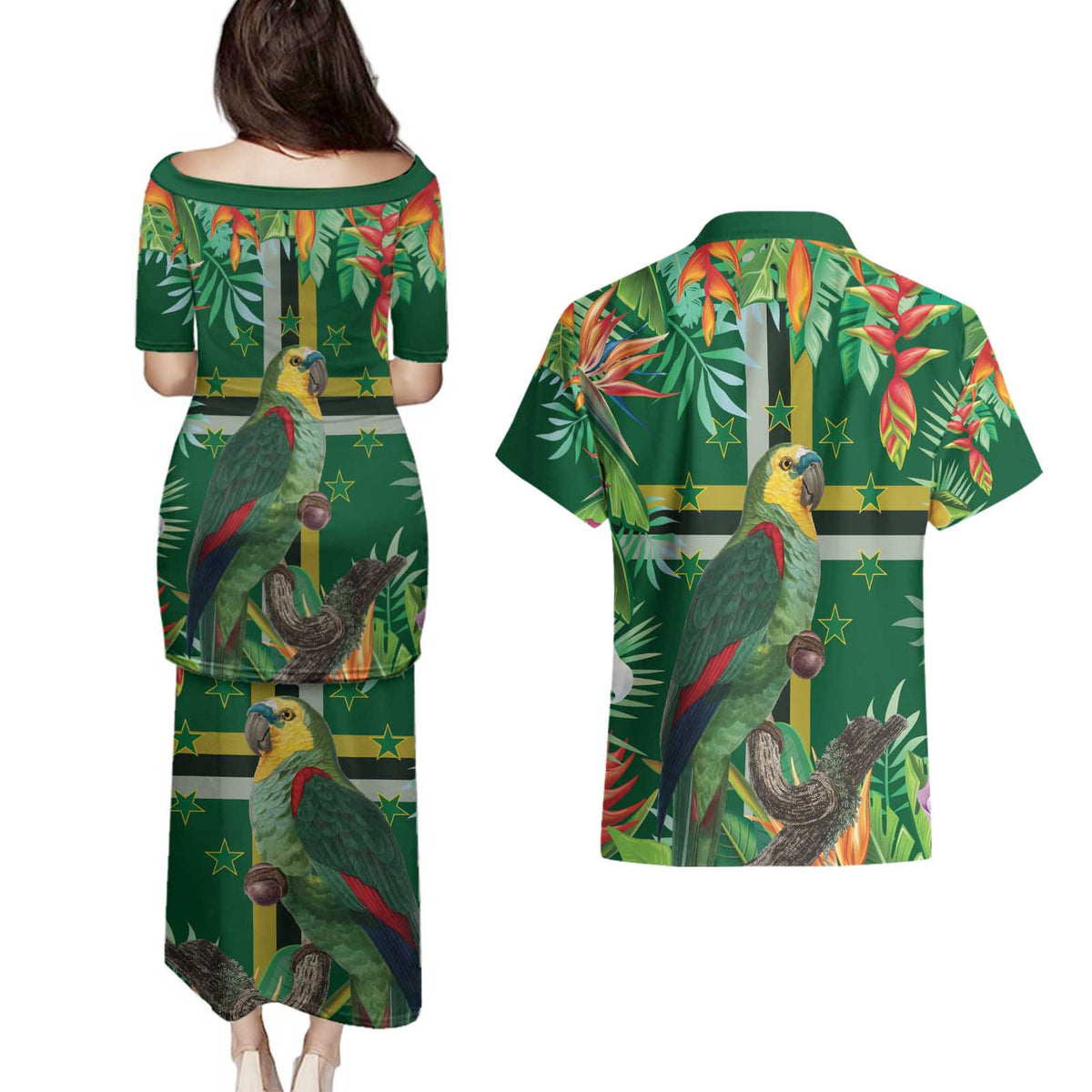 Dominica Sisserou Parrot Couples Matching Puletasi and Hawaiian Shirt Tropical Flower Flag Style - Wonder Print Shop