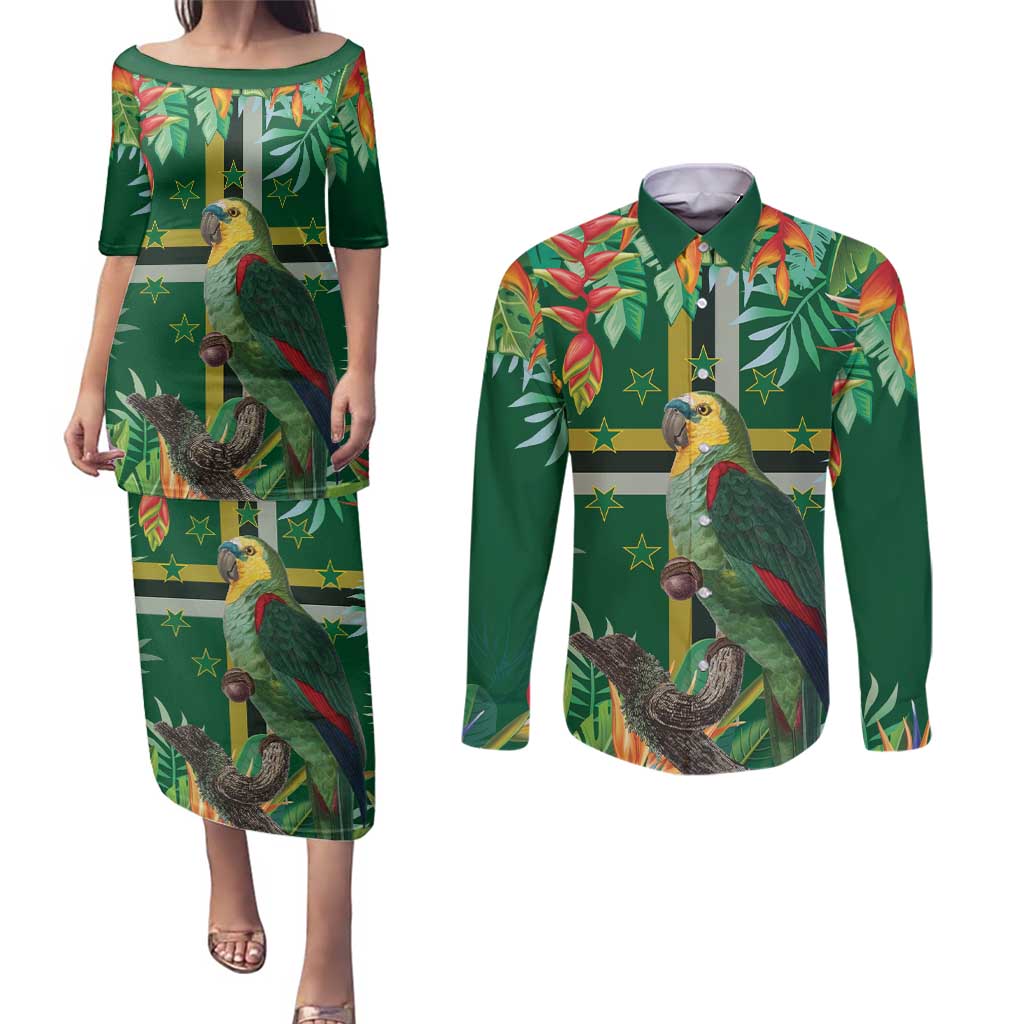Dominica Sisserou Parrot Couples Matching Puletasi and Long Sleeve Button Shirt Tropical Flower Flag Style - Wonder Print Shop