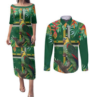 Dominica Sisserou Parrot Couples Matching Puletasi and Long Sleeve Button Shirt Tropical Flower Flag Style - Wonder Print Shop