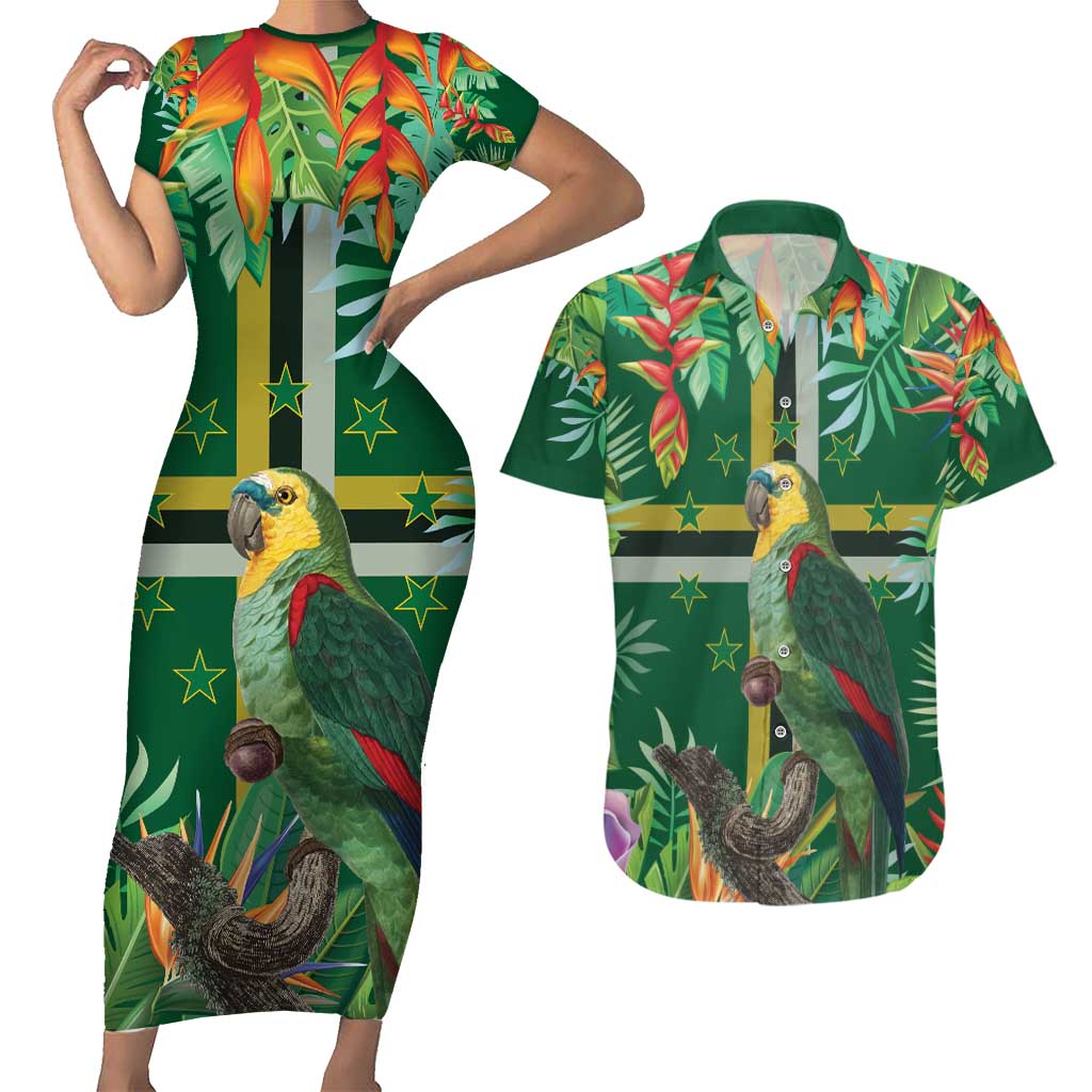 Dominica Sisserou Parrot Couples Matching Short Sleeve Bodycon Dress and Hawaiian Shirt Tropical Flower Flag Style - Wonder Print Shop