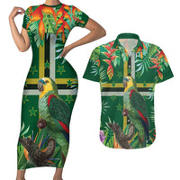 Dominica Sisserou Parrot Couples Matching Short Sleeve Bodycon Dress and Hawaiian Shirt Tropical Flower Flag Style - Wonder Print Shop