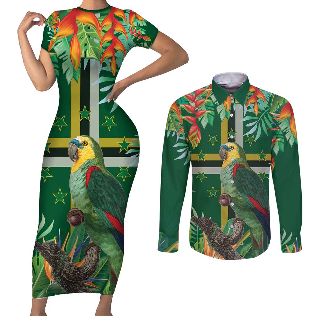 Dominica Sisserou Parrot Couples Matching Short Sleeve Bodycon Dress and Long Sleeve Button Shirt Tropical Flower Flag Style - Wonder Print Shop