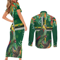 Dominica Sisserou Parrot Couples Matching Short Sleeve Bodycon Dress and Long Sleeve Button Shirt Tropical Flower Flag Style - Wonder Print Shop