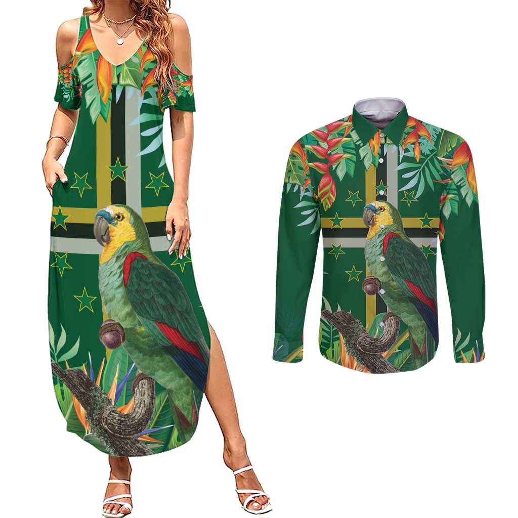 Dominica Sisserou Parrot Couples Matching Summer Maxi Dress and Long Sleeve Button Shirt Tropical Flower Flag Style - Wonder Print Shop