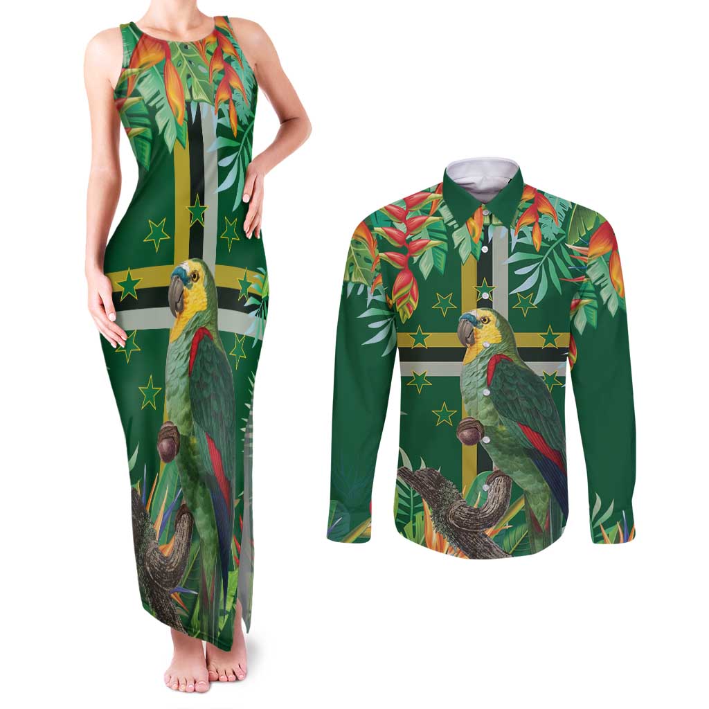 Dominica Sisserou Parrot Couples Matching Tank Maxi Dress and Long Sleeve Button Shirt Tropical Flower Flag Style - Wonder Print Shop