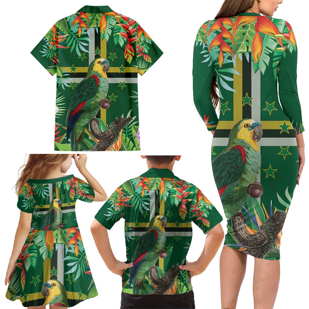 Dominica Sisserou Parrot Family Matching Long Sleeve Bodycon Dress and Hawaiian Shirt Tropical Flower Flag Style - Wonder Print Shop