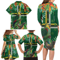 Dominica Sisserou Parrot Family Matching Long Sleeve Bodycon Dress and Hawaiian Shirt Tropical Flower Flag Style - Wonder Print Shop