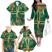Dominica Sisserou Parrot Family Matching Off The Shoulder Long Sleeve Dress and Hawaiian Shirt Tropical Flower Flag Style - Wonder Print Shop